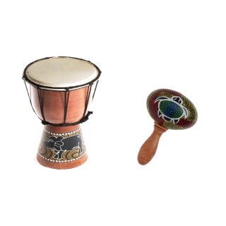 25cm Kinder Djembe Trommel Bongo Drum Holz Bunt Elefant + Rassel Schildkröte R1