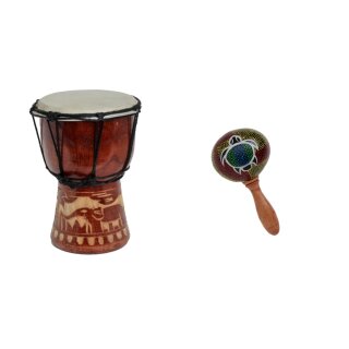 Mittelgroße 30cm Djembe Trommel Bongo Kinder Elefant Holz + Rassel Schildkröte R1